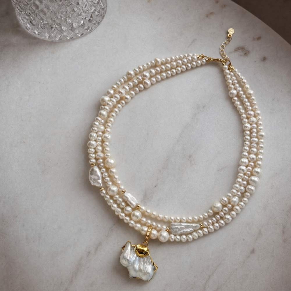 Трёхрядное колье из натурального жемчуга PEARL